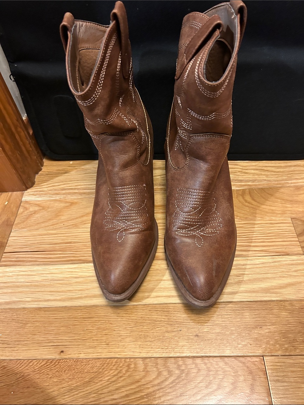 Brown Western Faux Leather Ankle Boots with Embroidered Detail